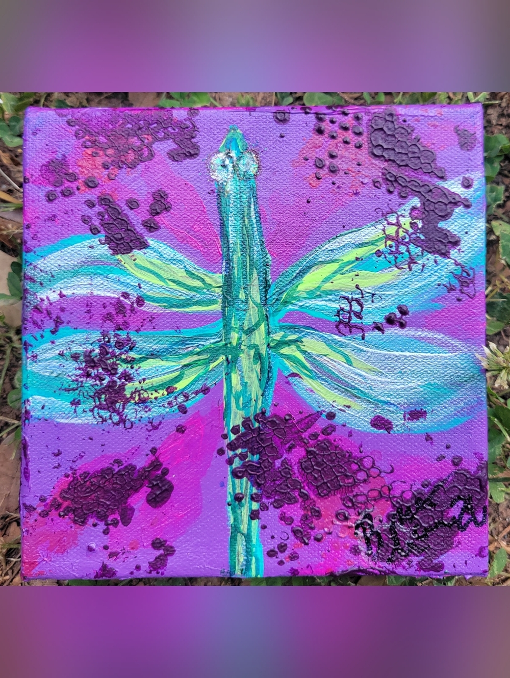 Hand-Painted Purple & Teal "Dragonfly Visitor"  By Brea Marie 6in X 6im